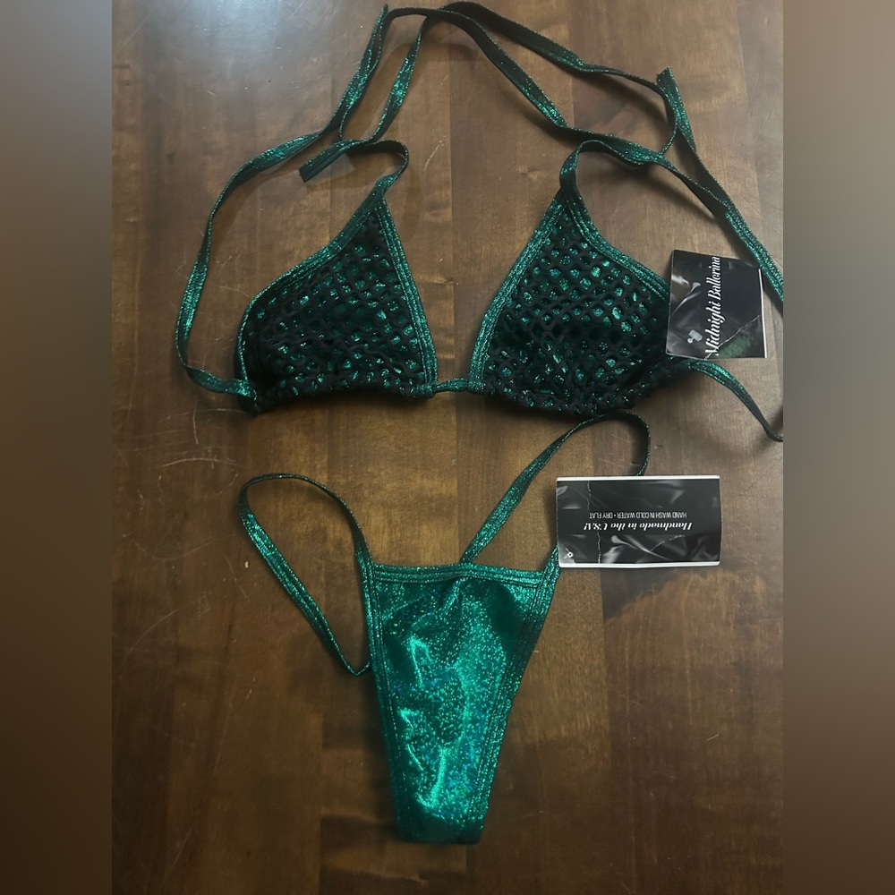 NWT Skimpy Midnight Ballerina Dark Metallic Green Tri-Top Thong Bottom Bikini